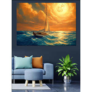 Altın Işıklı Yelkenli Gemi Dekoratif Kanvas - Mdf Ahşap Tablo 100x140 cm