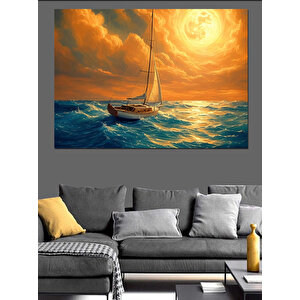 Altın Işıklı Yelkenli Gemi Dekoratif Kanvas - Mdf Ahşap Tablo 50x70 cm