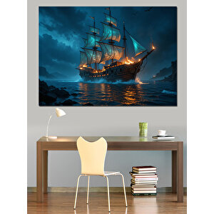 Karanlıkta Yelken Açan Gemi Dekoratif Kanvas - Mdf Ahşap Tablo 100x140 cm