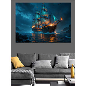 Karanlıkta Yelken Açan Gemi Dekoratif Kanvas - Mdf Ahşap Tablo 100x140 cm