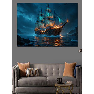 Karanlıkta Yelken Açan Gemi Dekoratif Kanvas - Mdf Ahşap Tablo 70x100 cm