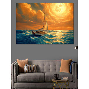 Altın Işıklı Yelkenli Gemi Dekoratif Kanvas - Mdf Ahşap Tablo