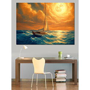 Altın Işıklı Yelkenli Gemi Dekoratif Kanvas - Mdf Ahşap Tablo