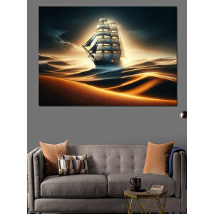 Altın Işıklı Yelkenli Gemi Dekoratif Kanvas - Mdf Ahşap Tablo 70x100 cm
