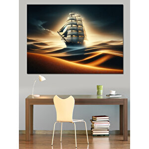Altın Işıklı Yelkenli Gemi Dekoratif Kanvas - Mdf Ahşap Tablo 70x100 cm
