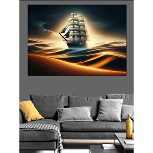 Altın Işıklı Yelkenli Gemi Dekoratif Kanvas - Mdf Ahşap Tablo 70x100 cm