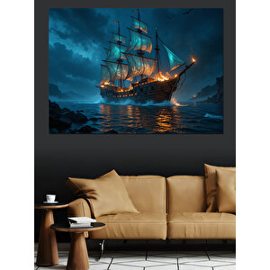 Karanlıkta Yelken Açan Gemi Dekoratif Kanvas - Mdf Ahşap Tablo