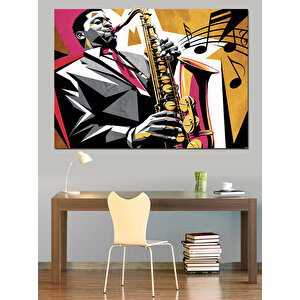 Saksafon Çalan Cazcı Dekoratif Kanvas - Mdf Ahşap Tablo 35x50 cm