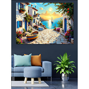 Güneş Batarken Sahil Köyü Dekoratif Kanvas - Mdf Ahşap Tablo 100x140 cm