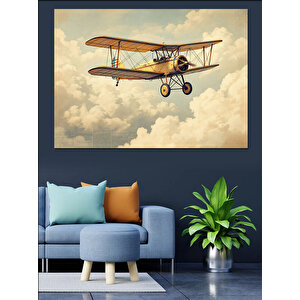 Çift Kanatlı Uçan Uçak Dekoratif Kanvas - Mdf Ahşap Tablo 100x140 cm
