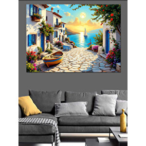 Güneş Batarken Sahil Köyü Dekoratif Kanvas - Mdf Ahşap Tablo 35x50 cm