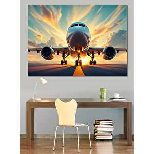 Havalimanında Uçak Dekoratif Kanvas - Mdf Ahşap Tablo 35x50 cm