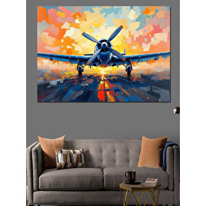Renkli Pistte Uçak Dekoratif Kanvas - Mdf Ahşap Tablo 100x140 cm