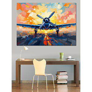 Renkli Pistte Uçak Dekoratif Kanvas - Mdf Ahşap Tablo 50x70 cm
