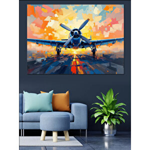 Renkli Pistte Uçak Dekoratif Kanvas - Mdf Ahşap Tablo 25x35 cm