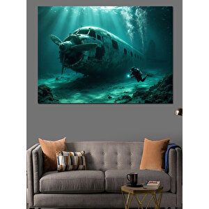 Sualtı Uçak Enkazı Dekoratif Kanvas - Mdf Ahşap Tablo 35x50 cm