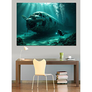 Sualtı Uçak Enkazı Dekoratif Kanvas - Mdf Ahşap Tablo 35x50 cm