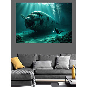 Sualtı Uçak Enkazı Dekoratif Kanvas - Mdf Ahşap Tablo 35x50 cm