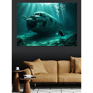 Sualtı Uçak Enkazı Dekoratif Kanvas - Mdf Ahşap Tablo