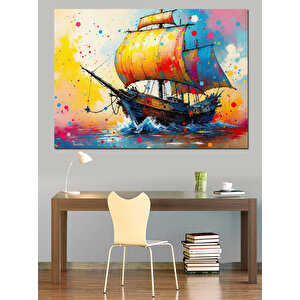 Renkli Yelkenli Gemi Dekoratif Kanvas - Mdf Ahşap Tablo 100x140 cm
