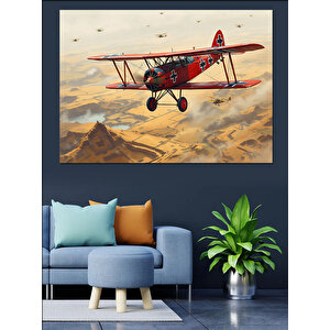 Kırmızı İki Kanatlı Uçak Dekoratif Kanvas - Mdf Ahşap Tablo 50x70 cm