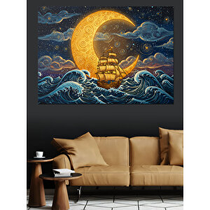 Ay Işığında Yelkenli Gemi Dekoratif Kanvas - Mdf Ahşap Tablo 70x100 cm