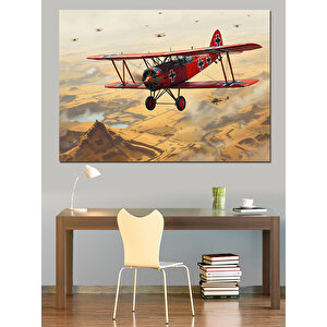 Kırmızı İki Kanatlı Uçak Dekoratif Kanvas - Mdf Ahşap Tablo