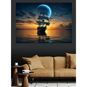 Ay Işığında Korsan Gemisi Dekoratif Kanvas - Mdf Ahşap Tablo 50x70 cm