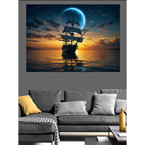 Ay Işığında Korsan Gemisi Dekoratif Kanvas - Mdf Ahşap Tablo 70x100 cm