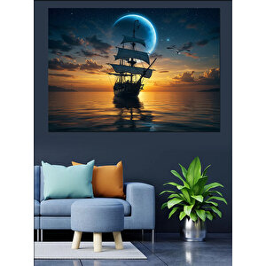 Ay Işığında Korsan Gemisi Dekoratif Kanvas - Mdf Ahşap Tablo 70x100 cm
