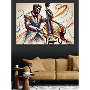Kontrbas Çalan Caz Müzisyeni Dekoratif Kanvas - Mdf Ahşap Tablo
