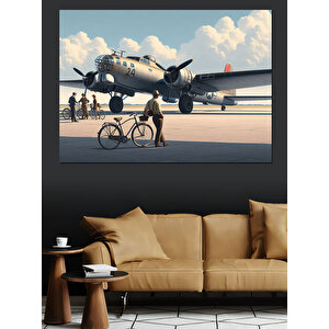 Vintage Uçak Ve Bisiklet Dekoratif Kanvas - Mdf Ahşap Tablo 50x70 cm