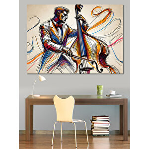 Kontrbas Çalan Caz Müzisyeni Dekoratif Kanvas - Mdf Ahşap Tablo 70x100 cm