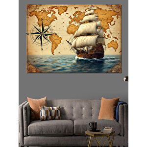 Eski Pusula Ve Gemi Dekoratif Kanvas - Mdf Ahşap Tablo 100x140 cm