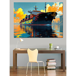 Kargo Gemisi Denizde Dekoratif Kanvas - Mdf Ahşap Tablo 100x140 cm