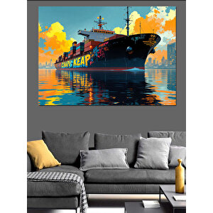Kargo Gemisi Denizde Dekoratif Kanvas - Mdf Ahşap Tablo 100x140 cm