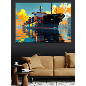 Kargo Gemisi Denizde Dekoratif Kanvas - Mdf Ahşap Tablo 100x140 cm