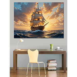 Yelkenli Gemi Günbatımı Manzarası Dekoratif Kanvas - Mdf Ahşap Tablo 50x70 cm