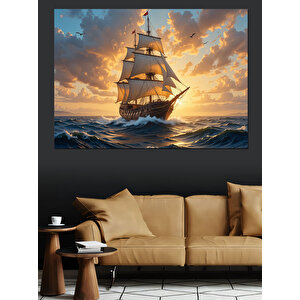 Yelkenli Gemi Günbatımı Manzarası Dekoratif Kanvas - Mdf Ahşap Tablo 50x70 cm