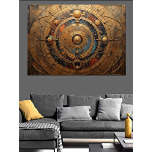 Antik Güneşli Dairesel Harita Dekoratif Kanvas - Mdf Ahşap Tablo 100x140 cm