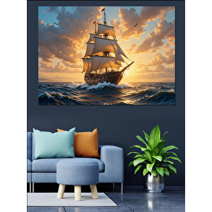 Yelkenli Gemi Günbatımı Manzarası Dekoratif Kanvas - Mdf Ahşap Tablo