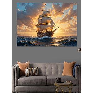 Yelkenli Gemi Günbatımı Manzarası Dekoratif Kanvas - Mdf Ahşap Tablo