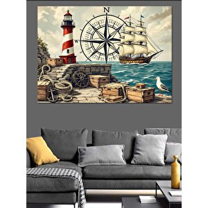 Deniz Feneri Ve Gemi Dekoratif Kanvas - Mdf Ahşap Tablo 100x140 cm