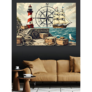 Deniz Feneri Ve Gemi Dekoratif Kanvas - Mdf Ahşap Tablo 100x140 cm