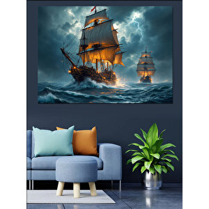 Yelkenli Gemiler Fırtınada Yolculuk Dekoratif Kanvas - Mdf Ahşap Tablo 35x50 cm