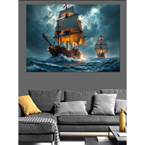 Yelkenli Gemiler Fırtınada Yolculuk Dekoratif Kanvas - Mdf Ahşap Tablo