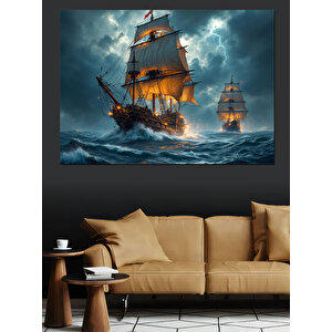 Yelkenli Gemiler Fırtınada Yolculuk Dekoratif Kanvas - Mdf Ahşap Tablo
