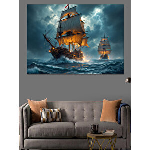 Yelkenli Gemiler Fırtınada Yolculuk Dekoratif Kanvas - Mdf Ahşap Tablo 100x140 cm