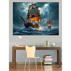 Yelkenli Gemiler Fırtınada Yolculuk Dekoratif Kanvas - Mdf Ahşap Tablo 100x140 cm