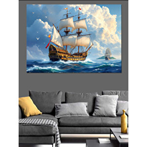 Bulutların Altında Yelkenli Gemi Dekoratif Kanvas - Mdf Ahşap Tablo 100x140 cm